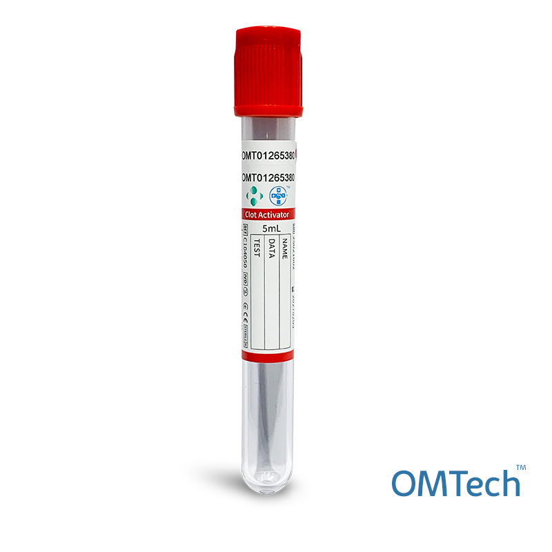 Пробірка вакуумна для забору крові "OMTech", з активатором згортання, стерильна, з червоною кришкою, 5 мл, 13*100 мм